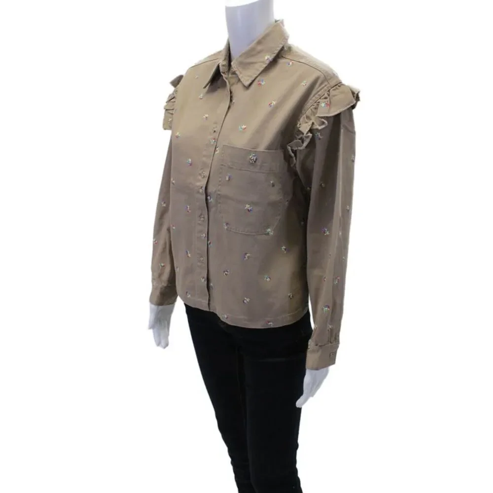Something Navy Womens Cotton Floral Embroidered Collar Denim Jacket Brown Sz XS